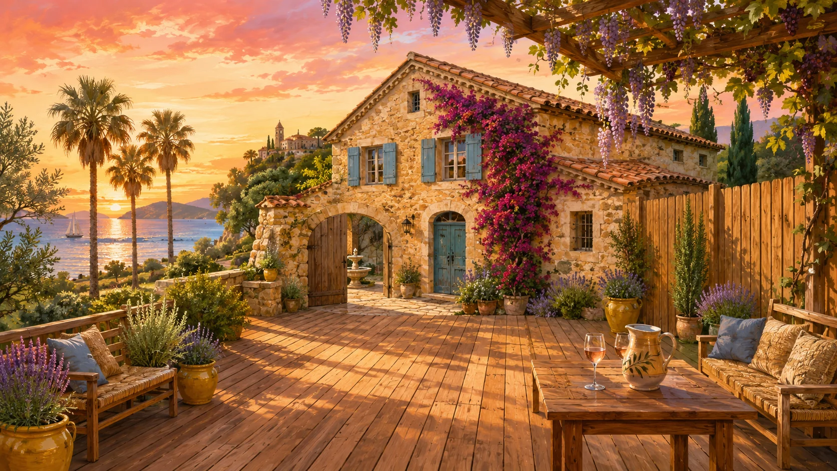 Illustration paysagère du dépôt avec terrasse en bois et clôture